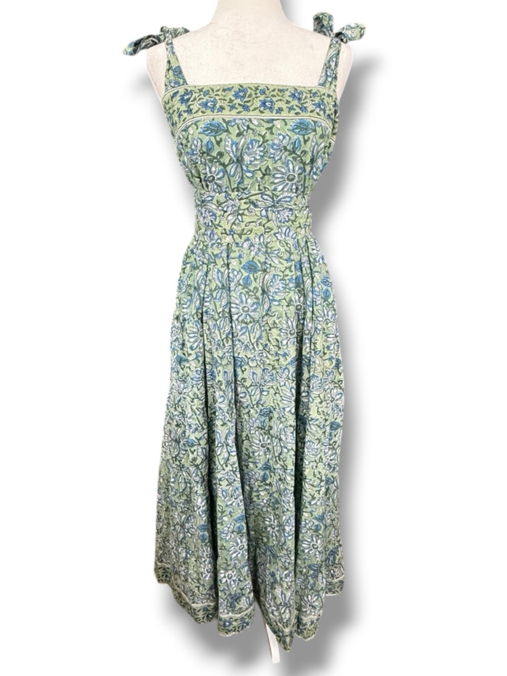 Sue Sartor Sleeveless Green Floral Print Tie-Shoulder Maxi Sundress with Sash M